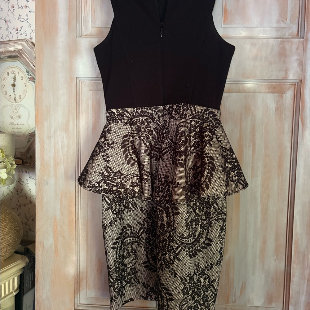Vintage BeBe Black and Beige Peplum Dress - Picture 2 of 4